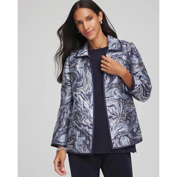 Chico's Jackets & Blazers - NEW Chico's Blazer Jacket 2 US Large Travelers Jacquard Blue Gold Swirl